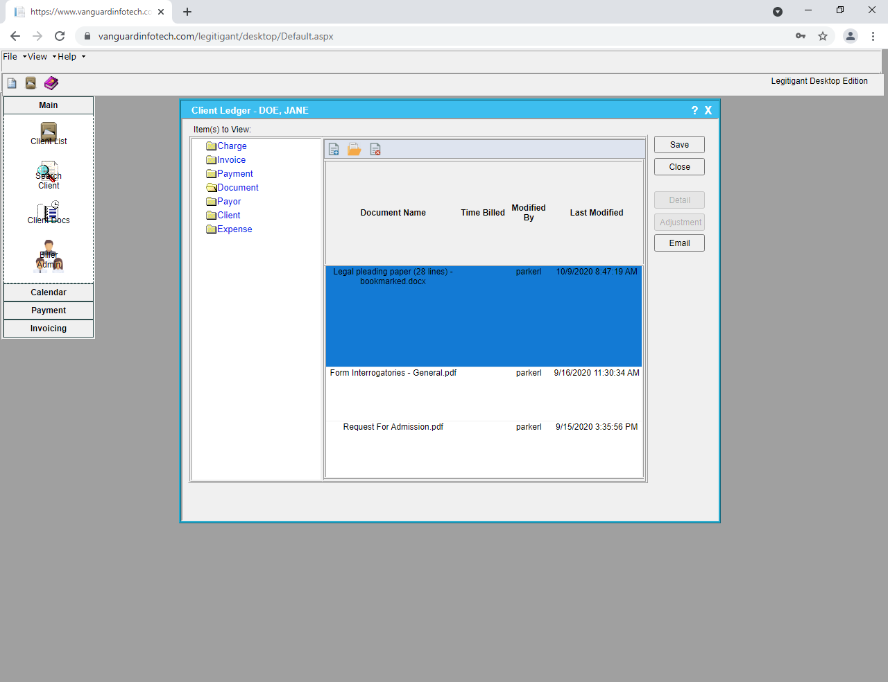 screenshot of Legitigant Billing Management